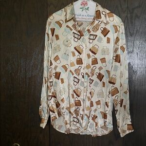 Mark Shale Vintage 100% Silk  Cream and Brown Purse Patterned Shirt Size M